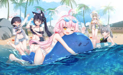 Rule 34 | 5girls, animal ear fluff, animal ears, arm up, ayane (blue archive), ayane (swimsuit) (blue archive), beach, bikini, black bikini, black hair, black one-piece swimsuit, blue-tinted eyewear, blue archive, blue bikini, blue halo, blue ribbon, blue shorts, breasts, bright pupils, cat ears, cat girl, chinese commentary, cleavage, closed mouth, cloud, collarbone, commentary request, cross, cup, day, denim, denim shorts, drinking glass, drinking straw, eyewear on head, fang, foreclosure task force (blue archive), frilled bikini, frills, front-tie bikini top, front-tie top, glasses, green eyes, green halo, grey hair, hair bobbles, hair ornament, halo, hat, highres, holding, holding cup, holding water gun, hoshino (blue archive), hoshino (swimsuit) (blue archive), inflatable toy, inflatable whale, large breasts, latin cross, light brown hair, long hair, long sleeves, looking at viewer, low twintails, medium breasts, medium hair, mismatched pupils, multiple girls, navel, nonomi (blue archive), nonomi (swimsuit) (blue archive), ocean, off-shoulder bikini, off shoulder, official alternate costume, one-piece swimsuit, one eye closed, open mouth, orange bikini, orange eyes, outdoors, palm tree, pink eyes, pink halo, pointy ears, puffy long sleeves, puffy sleeves, red-framed eyewear, red halo, ribbon, serika (blue archive), serika (swimsuit) (blue archive), shiroko (blue archive), shiroko (swimsuit) (blue archive), shirt, short hair, short ponytail, shorts, side-tie bikini bottom, side ponytail, small breasts, smile, starfish, sun hat, sunglasses, swimsuit, tinted eyewear, tree, twintails, umou (may65879), very long hair, water gun, waving, white-framed eyewear, white bikini, white headwear, white pupils, white shirt, wolf girl
