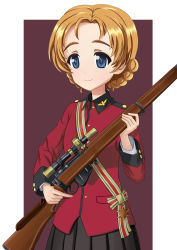 Rule 34 | 1girl, black skirt, blue eyes, bolt action, braid, chinese commentary, closed mouth, commentary, epaulettes, girls und panzer, guan 1005, gun, highres, holding, holding gun, holding weapon, jacket, lee-enfield, long sleeves, looking at viewer, military, military uniform, orange hair, orange pekoe (girls und panzer), parted bangs, pleated skirt, red jacket, rifle, sash, scope, short hair, shoulder sash, skirt, smile, solo, st. gloriana&#039;s military uniform, standing, twin braids, uniform, weapon