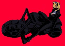 Rule 34 | 1girl, absurdres, animal helmet, arm at side, biker clothes, bikesuit, black bodysuit, black gloves, bodysuit, bonesaw (rdkshinku), breasts, celty sturluson, cleavage, durarara!!, facing to the side, from above, from side, full body, gloves, helmet, high collar, high contrast, highres, medium breasts, motor vehicle, motorcycle, motorcycle helmet, on motorcycle, outstretched leg, red background, shoe soles, simple background, solo