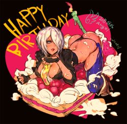 Rule 34 | 1girl, ahoge, angel (kof), arched back, ass, between breasts, black background, blue eyes, boots, bottle, breasts, butt crack, cake, candle, chaps, character name, cheesecake, cleavage, commentary request, cropped jacket, dated, fingerless gloves, food, gloves, hair over one eye, happy birthday, heart, jacket, large breasts, looking at viewer, lying, on stomach, oro (sumakaita), panties, short hair, snk, solo, sweat, the king of fighters, thighhighs, underwear, white hair