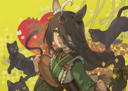 Rule 34 | 1girl, :d, ahoge, animal ears, black cat, black hair, braid, brown corset, cat, corset, dated, ear covers, frilled kimono, frills, from above, green kimono, hair over one eye, horse ears, horse girl, japanese clothes, kimono, long bangs, long hair, long sleeves, looking at viewer, maid, manhattan cafe (umamusume), manhattan cafe (verdant night) (umamusume), multiple cats, official alternate costume, official alternate hairstyle, open mouth, single braid, single ear cover, smile, twitter username, umamusume, wa maid, white hair, yellow eyes, youmicitrustea