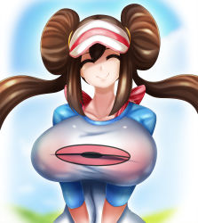 Rule 34 | 1girl, blue background, blue shirt, breasts, brown hair, closed eyes, closed mouth, collarbone, creatures (company), double bun, fenrox, game freak, gradient background, hair bun, happy, highres, impossible clothes, large breasts, long hair, nintendo, pokemon, pokemon bw2, rosa (pokemon), shiny clothes, shirt, sidelocks, smile, solo, twintails, upper body, visor cap