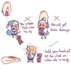 Rule 34 | 1boy, absurdres, bee sempai, black skirt, blonde hair, blush, bridget (guilty gear), checkmark, chibi, disembodied hand, english text, guilty gear, guilty gear strive, habit, highres, hood, hood up, hooded jacket, hoodie, how to hold x (meme), jacket, lifting person, looking at viewer, mars symbol, medium hair, meme, mini person, miniboy, open clothes, open hoodie, open mouth, pleated skirt, roger (guilty gear), skirt, smile, squeezing, stuffed animal, stuffed toy, teddy bear, trap, x, yo-yo