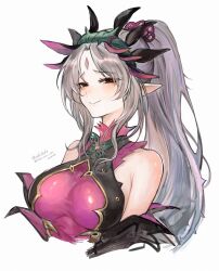 Rule 34 | 1girl, breasts, closed mouth, cropped arms, cropped torso, facial mark, fire emblem, fire emblem heroes, forehead mark, grey background, grey hair, hairband, halterneck, highres, large breasts, long hair, looking at viewer, nintendo, osiri siri siri, plumeria (fire emblem), pointy ears, ponytail, red eyes, solo, twitter username