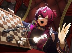 Rule 34 | 1boy, black hair, board game, chain, chain necklace, chair, chess, chess piece, chessboard, crossed bangs, doppio dropscythe, doppio dropscythe (1st costume), gold necklace, highres, jewelry, long sleeves, male focus, multicolored hair, murasaki500, necklace, nijisanji, nijisanji en, open mouth, purple hair, red curtains, ring, ring necklace, short hair, short sidetail, smile, streaked hair, teeth, upper teeth only, virtual youtuber, white hair, yellow eyes