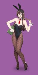 Rule 34 | 1girl, alternate costume, animal ears, bare arms, bare shoulders, black hair, black leotard, blush, book, breasts, detached collar, fake animal ears, fishnet pantyhose, fishnets, full body, glasses, green eyes, groin, hairband, hand on own hip, high heels, highres, holding, holding quill, kantai collection, legs, leotard, long hair, looking at viewer, medium breasts, necktie, one eye closed, ooyodo (kancolle), open mouth, pantyhose, playboy bunny, purple background, quill, rabbit ears, red necktie, semi-rimless eyewear, simple background, smile, solo, standing, strapless, strapless leotard, thighs, under-rim eyewear, wrist cuffs, yuuji (and)