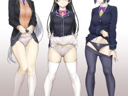 Rule 34 | 3girls, absurdres, black jacket, black panties, black pantyhose, blue necktie, blush, bow, bowtie, brown cardigan, cardigan, clothes pull, collared shirt, commission, feet out of frame, female focus, gradient background, grin, head out of frame, highres, higuchi kaede, higuchi kaede (1st costume), jacket, kneehighs, kuroi suna, lifting own clothes, long hair, multiple girls, necktie, nijisanji, open clothes, open jacket, panties, pantyhose, pantyhose pull, pink bow, pink bowtie, pulling own clothes, purple bow, purple bowtie, shirt, shizuka rin, shizuka rin (1st costume), short hair, simple background, skeb commission, smile, socks, standing, thighhighs, tsukino mito, tsukino mito (1st costume), underwear, virtual youtuber, white panties, white socks, white thighhighs
