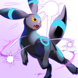 Rule 34 | animal focus, bad id, bad pixiv id, commentary request, creatures (company), energy, fang, game freak, gen 2 pokemon, gradient background, highres, looking back, mian (3zandora), nintendo, no humans, open mouth, pokemon, pokemon (creature), purple background, solo, toes, tongue, umbreon, yellow eyes