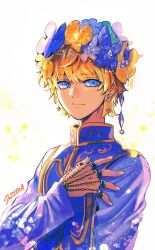 Rule 34 | 1boy, androgynous, bae (baebae), blonde hair, blue eyes, blue flower, blue tabard, chain, crystal earrings, earrings, flower, flower on head, hand on own chest, highres, hunter x hunter, jewelry, kurapika, light particles, looking at viewer, male focus, multiple rings, ring, short hair, simple background, smile, solo, tabard, upper body, white background, yellow flower