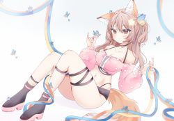 Rule 34 | 1girl, animal ears, annytf, anyuu, ass, bare shoulders, black choker, black footwear, black shorts, breasts, brown eyes, brown hair, choker, cleavage, closed mouth, collarbone, crop top, fox ears, fox girl, fox tail, halterneck, hands up, highleg, highres, indie virtual youtuber, long hair, long sleeves, looking at viewer, medium breasts, micro shorts, midriff, navel, off shoulder, one side up, pink shirt, shirt, shoes, shorts, smile, solo, stomach, tail, thigh strap, thighs, virtual youtuber