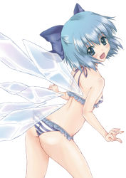 Rule 34 | 1girl, :d, arched back, ass, back, bikini, blue eyes, blue hair, blush, bow, breasts, butt crack, cirno, flat chest, frilled bikini, frills, hair between eyes, hair bow, head tilt, ice, ice wings, kemomo, leaning forward, looking at viewer, looking back, matching hair/eyes, open mouth, outstretched arms, profile, ribbon, short hair, sideboob, simple background, smile, solo, spread arms, spread legs, standing, striped bikini, striped clothes, swimsuit, touhou, transparent, white background, wings