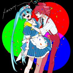 Rule 34 | 2girls, apron, aqua hair, back bow, black background, black choker, black eyes, black necktie, blue dress, blue hat, bow, bowtie, buttons, choker, collared shirt, confetti, dress, drill hair, empty eyes, gloves, hair between eyes, hat, hatsune miku, highres, kasane teto, looking at another, mesmerizer (vocaloid), multiple girls, necktie, open mouth, pants, pinstripe dress, pinstripe hat, pinstripe pattern, puffy short sleeves, puffy sleeves, red eyes, red hair, red hat, red pants, red suspenders, rgb lights, shaded face, sharp teeth, shirt, short sleeves, simple background, standing, striped bow, striped bowtie, striped clothes, sweat, teeth, tongue, tongue out, twin drills, twintails, utau, visor cap, vocaloid, white apron, white bow, white shirt, wide-eyed, yasato83, yellow gloves