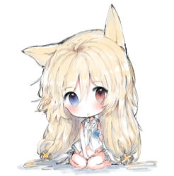 Rule 34 | 1girl, :o, animal ears, bad id, bad pixiv id, bare arms, bare shoulders, blonde hair, blue eyes, blush, cat ears, chibi, cottontailtokki, dress, g41 (girls&#039; frontline), girls&#039; frontline, groin, hair between eyes, hair ornament, head tilt, heterochromia, highres, long hair, looking at viewer, parted lips, red eyes, sitting, solo, very long hair, wariza, white background, white dress