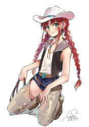 Rule 34 | 1girl, absurdres, belt, blue shorts, braid, brown belt, brown footwear, closed mouth, cowboy hat, dated, flat chest, full body, gem, geshumaro, green eyes, grey pants, hat, highres, holding, kneeling, lasso, long hair, looking at viewer, mole, mole on thigh, open clothes, open pants, open vest, original, pants, red hair, shirt, shoes, short shorts, shorts, signature, simple background, smile, solo, twin braids, vest, white background, white hat, white shirt