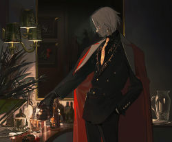 Rule 34 | 1boy, alcohol, bishounen, black gloves, black jacket, black pants, black shirt, black suit, bottle, coat, coat on shoulders, cowboy shot, cup, dress shirt, earrings, fate/grand order, fate (series), flower, formal, gloves, hand in pocket, heroic spirit formal dress, holding, holding bottle, indoors, itefu, jacket, jewelry, karna (fate), karna (formal dress) (fate), lamp, long sleeves, looking away, male focus, mirror, necktie, pale skin, pants, pitcher (container), plant, pouring, profile, red coat, rose, shirt, short hair, single earring, solo, standing, suit, white hair, yellow necktie