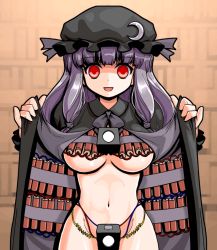 Rule 34 | 1girl, alternate color, bad end, bad id, bad pixiv id, blunt bangs, bomb, bomb vest, breasts, coat stash, crazy eyes, crescent, dynamite, explosive, female focus, groin, hat, large breasts, long hair, looking at viewer, m.u.g.e.n, mono (moiky), navel, no bra, no panties, open clothes, patchouli knowledge, pinky out, purple hair, red eyes, solo, suicide, suicide bomb, terrorist, touhou, underboob, yandere