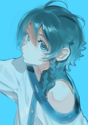 Rule 34 | 1boy, bad id, bad twitter id, bare shoulders, blue background, braid, bukimi isan, closed mouth, commentary request, from side, genshin impact, green background, green eyes, hair between eyes, highres, long sleeves, looking at viewer, looking to the side, meng long, short hair, shy (series), simple background, single braid, solo, trap, upper body, venti (genshin impact)