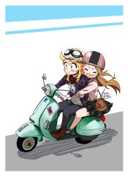 Rule 34 | &gt; &lt;, 2girls, absurdres, bag, blonde hair, blue pants, blush, boots, brown hair, brown legwear, closed mouth, d:, driving, embarrassed, frown, goggles, goggles on headwear, green skirt, hair between eyes, helmet, highres, hone (honehone083), hoshii miki, hug, hug from behind, idolmaster, idolmaster (classic), jacket, jewelry, long hair, minase iori, motor vehicle, multiple girls, necklace, open mouth, pants, sanpaku, scooter, shadow, shirt, shoes, shoulder bag, sitting, skirt, socks, sticker, wavy mouth, white background