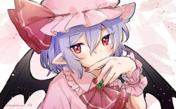 Rule 34 | 1girl, arm ribbon, ascot, blush, bow, brooch, collared shirt, commentary request, covered mouth, dress, eyelashes, frilled shirt collar, frills, gem, green gemstone, hair between eyes, hat, hat bow, hat ribbon, highres, jewelry, light purple hair, looking at viewer, mob cap, nail polish, one-hour drawing challenge, pink dress, pink hat, pointy ears, puffy short sleeves, puffy sleeves, red ascot, red bow, red eyes, red nails, red ribbon, remilia scarlet, ribbon, shirt, short hair, short sleeves, sidelocks, slit pupils, solo, suguharu86, touhou, twitter username, upper body, wrist cuffs