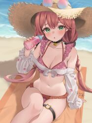 Rule 34 | 1girl, :o, absurdres, arm support, baby bottle, beach, beach towel, bikini, black choker, blush, bottle, breasts, choker, cleavage, collarbone, crossed bangs, day, detached sleeves, eyewear on headwear, feet out of frame, fingernails, frilled bikini, frills, green eyes, hair between eyes, halterneck, hanazawa ma, hat, highres, holding, holding bottle, hololive, long hair, looking at viewer, low twintails, medium breasts, nail polish, navel, o-ring, o-ring thigh strap, ocean, outdoors, parted lips, pink bikini, pink hair, polka dot, polka dot bikini, round eyewear, sakura miko, shadow, shore, side-tie bikini bottom, signature, sitting, solo, stomach, straw hat, sunglasses, sunlight, sweatdrop, swimsuit, thigh strap, thighs, towel, twintails, very long hair, virtual youtuber, water, yellow nails
