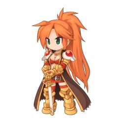 1girl armor armored_boots boots bra breasts chibi chibi_only cleavage closed_mouth elbow_gloves full_body garter_straps gloves gold_armor green_eyes high_ponytail instructor_boya long_hair looking_afar medium_breasts miniskirt official_art orange_hair ragnarok_online red_bra red_eyes red_skirt simple_background skirt solo standing transparent_background underwear v-shaped_eyebrows very_long_hair yuichirou