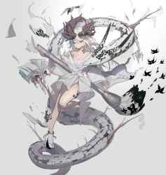 Rule 34 | 1girl, antlers, bare shoulders, bird, book, breasts, calligraphy brush, closed mouth, collarbone, commentary request, detached sleeves, dragon, eastern dragon, flower knot, flying paper, grey ribbon, highres, holding, holding brush, horns, ink, japanese clothes, kanji, kimono, long hair, looking at viewer, original, oversized object, paintbrush, pale skin, paper, platform footwear, print kimono, red eyes, sandals, shide, simple background, slit pupils, small breasts, solo, tabi, toriseka, tree, tsurime, white background, white hair, white kimono, white legwear, wide sleeves, zouri