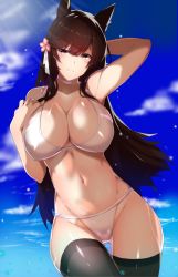 Rule 34 | 1girl, animal ears, arm behind head, arm up, atago (azur lane), atago (summer march) (azur lane), azur lane, bare arms, bare shoulders, bikini, black thighhighs, blue sky, blush, breasts, brown hair, choker, cleavage, cloud, collarbone, cowboy shot, day, flower, gluteal fold, groin, hair flower, hair ornament, hand up, highres, kameponde, large breasts, light rays, long hair, looking at viewer, navel, outdoors, parted lips, purple eyes, sky, smile, solo, standing, stomach, sunbeam, sunlight, swimsuit, thigh gap, thighhighs, very long hair, white bikini, white neckwear