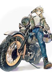 Rule 34 | 1boy, aged up, blonde hair, blue eyes, blue pants, boots, brown gloves, denim, fate/grand order, fate (series), gloves, goggles, goggles on head, helmet, highres, holding, holding helmet, jacket, jeans, male focus, on motorcycle, pants, parted lips, pistachiohyeah, ponytail, riding, shirt, solo, voyager (fate), white background, white shirt