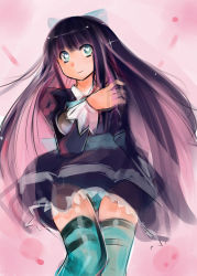 Rule 34 | 10s, 1girl, blue eyes, blue panties, bow, colored inner hair, female focus, gradient background, hair bow, heart, heart-shaped pupils, multicolored hair, nerotarou, panties, panty &amp; stocking with garterbelt, pantyshot, purple hair, smile, solo, stocking (psg), striped clothes, striped thighhighs, symbol-shaped pupils, thighhighs, underwear