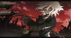 Rule 34 | 1boy, architecture, black gloves, black jacket, building, chain, cloud, collar, commentary, criis-chan, danganronpa (series), danganronpa 3 (anime), east asian architecture, fake beard, fake facial hair, fake whiskers, gloves, grey eyes, grey shirt, hair between eyes, jacket, komaeda nagito, letterboxed, long sleeves, looking at viewer, male focus, metal collar, outdoors, shirt, single glove, solo, striped clothes, striped gloves, symbol-only commentary, twitter username, upper body, white gloves, white hair