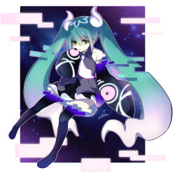 Rule 34 | 1girl, aka tonbo (lililil), aqua hair, black thighhighs, commentary, creatures (company), detached sleeves, game freak, ghost, ghost miku (project voltage), glitch, gradient hair, grey shirt, hair between eyes, hatsune miku, long hair, multicolored hair, necktie, nintendo, pokemon, project voltage, shirt, signature, skirt, sleeves past fingers, sleeves past wrists, solo, thighhighs, twintails, very long hair, vocaloid, will-o&#039;-the-wisp (mythology), yellow eyes