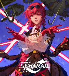 Rule 34 | 1girl, absurdres, closed mouth, coat, coat on shoulders, commentary, english commentary, eyewear on head, gloves, hieumay, highres, honkai: star rail, honkai (series), kafka (honkai: star rail), logo, long sleeves, open hands, purple eyes, purple gloves, purple hair, round eyewear, shirt, solo, umbrella, upper body, white shirt, white sleeves