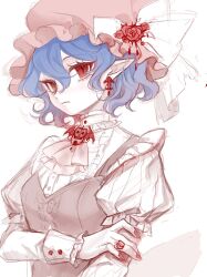 Rule 34 | 1girl, 80isiiii, alternate costume, ascot, blue hair, closed mouth, earrings, hat, highres, jewelry, looking at viewer, mob cap, pink hat, pointy ears, red eyes, red nails, remilia scarlet, short hair, short sleeves, simple background, solo, touhou, upper body, white background