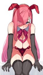 Rule 34 | 1girl, animal ears, bare shoulders, bow, breasts, cleavage, detached collar, elbow gloves, gloves, hair over one eye, highres, large breasts, leotard, long hair, original, pink hair, playboy bunny, rabbit ears, sitting, solo, strapless, strapless leotard, suisogenshi, thighhighs