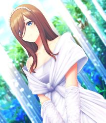 Rule 34 | 1girl, bare shoulders, blue eyes, blush, breasts, brown hair, cleavage, closed mouth, commentary request, detached sleeves, dress, go-toubun no hanayome, hair between eyes, highres, long hair, nakano miku, short sleeves, sidelocks, smile, solo, tsukumo momo, wedding dress, white dress, white sleeves