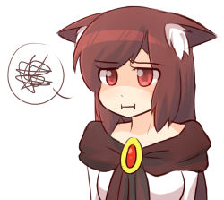 Rule 34 | 1girl, :i, animal ear fluff, animal ears, annoyed, brooch, brown hair, dress, ears down, imaizumi kagerou, jewelry, long hair, pout, red eyes, shaded face, solo, spoken squiggle, squiggle, touhou, upper body, white background, white dress, wolf ears, wool (miwol)