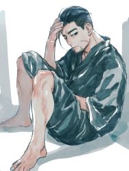 Rule 34 | 1boy, alternate costume, arm up, barefoot, black eyes, black hair, facial hair, facial scar, from side, goatee, golden kamuy, grey kimono, hair slicked back, hair strand, isa (peien516), japanese clothes, kimono, looking at viewer, male focus, ogata hyakunosuke, parted lips, scar, scar on cheek, scar on face, short hair, simple background, sitting, solo, stubble, undercut, wide sleeves