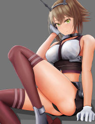 Rule 34 | 1girl, ass, bad id, bad pixiv id, bare shoulders, black panties, black skirt, blush, breasts, brown hair, closed mouth, flipped hair, gloves, green eyes, grey background, hand in own hair, headgear, highres, kantai collection, kneehighs, looking at viewer, medium breasts, mutsu (kancolle), nose blush, panties, pleated skirt, red socks, sitting, skirt, socks, solo, striped clothes, striped socks, thighs, turisasu, underwear, white gloves