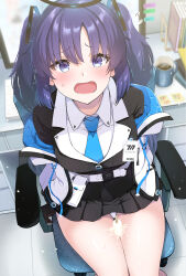 Rule 34 | 1girl, absurdres, black skirt, blue archive, blue necktie, blush, chair, coffee, collared shirt, cup, feet, food, formal, halo, highres, indoors, jacket, long hair, looking at viewer, mechanical halo, necktie, open mouth, pleated skirt, popsicle, purple eyes, purple hair, sarfata, shirt, sitting, skirt, solo, sticky note, suit, two-sided fabric, two-sided jacket, two side up, white jacket, white shirt, yuuka (blue archive)