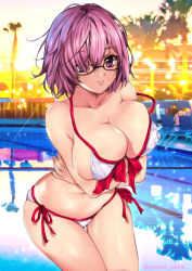 Rule 34 | 1girl, backlighting, bikini, black-framed eyewear, breast hold, breasts, cleavage, closed mouth, commentary request, cowboy shot, fate/grand order, fate (series), front-tie bikini top, front-tie top, glasses, hair over one eye, highres, large breasts, leaning forward, looking at viewer, mash kyrielight, official alternate costume, outdoors, oyaman, pool, purple eyes, purple hair, short hair, side-tie bikini bottom, skindentation, smile, solo, standing, sunset, swimsuit, thigh gap, twitter username, white bikini