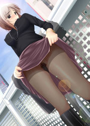 Rule 34 | 1girl, black pantyhose, blue eyes, blush, boots, breasts, brown hair, city, clothes lift, covered erect nipples, dutch angle, embarrassed, female pubic hair, from below, gusset, hiyoko daiou, jewelry, large breasts, legs, lens flare, mole, necklace, no panties, pantyhose, pubic hair, see-through, skirt, skirt lift, solo
