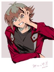 Rule 34 | 1boy, antenna hair, black shirt, brown eyes, brown hair, commentary request, grey background, grin, hand over eye, highres, jacket, long sleeves, looking at viewer, male focus, noren (noren1512), open clothes, open jacket, outside border, red jacket, shirt, smile, solo, teeth, translation request, upper body, white background, yu-gi-oh!, yu-gi-oh! gx, yuki judai