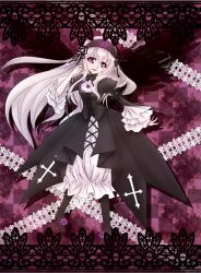 Rule 34 | 1girl, boots, dress, flower, highres, lace, long hair, looking at viewer, open mouth, pink eyes, ribbon, rose, rozen maiden, shachimaru (shino), silver hair, smile, solo, suigintou, very long hair, wings