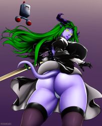 Rule 34 | 1girl, absurdres, ass, blush, breasts, butt crack, colored skin, cosplay, covered erect nipples, crossover, curvy, draenei, fantasy, franarok, from behind, from below, green eyes, green hair, highres, hip focus, horns, huge breasts, leather, long hair, long legs, looking at viewer, looking back, machine, nier (series), nier:automata, no, pointy ears, priest, purple skin, solo, sword, tail, underwear, warcraft, weapon, world of warcraft, 2b (nier:automata)