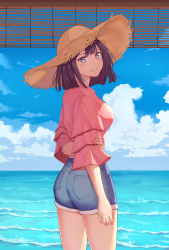 Rule 34 | 1girl, :d, absurdres, arm behind back, ass, bamboo screen, black hair, blouse, blue eyes, blunt bangs, blush, breasts, cowboy shot, day, denim, denim shorts, from behind, hat, highres, holding own arm, horizon, layered sleeves, looking at viewer, looking back, ocean, open mouth, original, outdoors, pink shirt, shade, shirt, short shorts, shorts, smile, solo, standing, straw hat, sunlight, twisted torso, yi fang xiaosheng