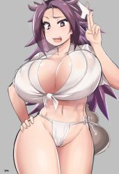 Rule 34 | 10s, bad id, bad pixiv id, bouncing breasts, breasts, covered erect nipples, cowboy shot, curvy, drooling, front-tie top, fundoshi, gourd, grey background, grin, hand on own hip, hip focus, huge breasts, japanese clothes, jun&#039;you (kancolle), kantai collection, long hair, mm (yoromu), navel, open mouth, purple eyes, purple hair, shikigami, smile, solo, spiked hair, thick thighs, thighs