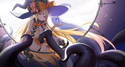Rule 34 | 1girl, abigail williams (fate), abigail williams (second ascension) (fate), absurdres, asymmetrical legwear, black panties, black thighhighs, blonde hair, bow, breasts, bug, butterfly, closed mouth, commentary, crossed legs, dutch angle, fate/grand order, fate (series), flan (f l an), forehead, from below, hat, hat bow, highres, insect, key, charm (object), keyhole, long hair, looking at viewer, panties, parted bangs, revealing clothes, ribbon, single thighhigh, sitting, small breasts, smile, solo, star (sky), straight hair, stuffed animal, stuffed toy, teddy bear, tentacles, thighhighs, underwear, uneven legwear, very long hair, witch hat