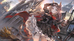 Rule 34 | 1girl, absurdres, animal ears, archery shooting glove, archetto (arknights), arknights, arm up, barrel, beer mug, black dress, black gloves, blue eyes, breasts, brown hair, cape, cathedral, copyright name, cowboy shot, cup, dress, dutch angle, epaulettes, gloves, highres, holding, holding cup, infection monitor (arknights), large breasts, long hair, mug, official art, outdoors, partially fingerless gloves, petticoat, red cape, red eyes, shoichi (ekakijin), short dress, solo, standing, tail, thighs