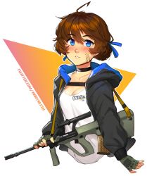Rule 34 | 1girl, absurdres, ahoge, assault rifle, bandaid, bandaid on face, black choker, black jacket, blue eyes, blush, breasts, brooke (mleth), brown hair, bullpup, choker, cleavage, collarbone, commentary, cropped torso, english commentary, eyes visible through hair, fingerless gloves, freckles, gloves, gun, highres, hood, hood down, jacket, milestone celebration, mleth, open clothes, open jacket, original, parted lips, rifle, shirt, short hair, simple background, small breasts, solo, steyr aug, weapon, white background, white shirt
