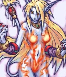 Rule 34 | 1girl, animal ears, bare shoulders, blonde hair, blue skin, boots, breasts, breath of fire, breath of fire ii, capcom, colored skin, earrings, full body, furry, furry female, jewelry, jpeg artifacts, midriff, nail polish, navel, necklace, no panties, no pants, pointy ears, red eyes, red nails, rinpoo chuan, short hair, simple background, solo, tail